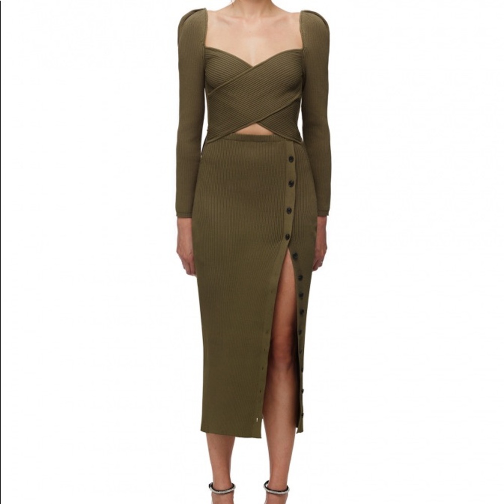 Self-Portrait Khaki Cut Out Knit Midi Dress